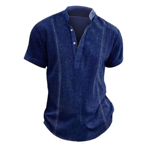 Mens Short Sleeve Henley Shirts Cotton Linen Casual Embroidery V Neck T Shirts Big and Tall Mexico Cuban Vacation Tops