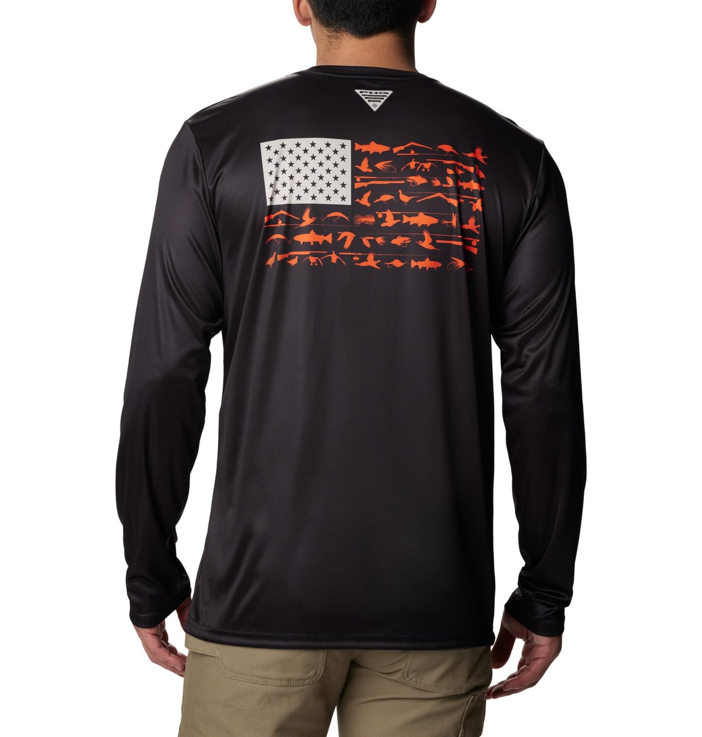 Columbia Men's PHG Terminal Shot Game Flag Long Sleeve, Black/Blaze Cast n Blast, Medium