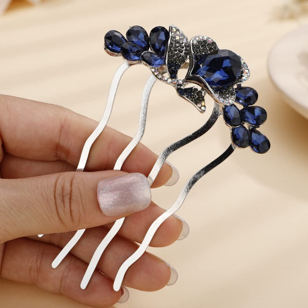 Aimimier Flower Crystal Styling Hair Combs Dainty Rhinestone Twist Combs Alloy Hair Pieces Hair Accessories for Women and Girls(Blue)