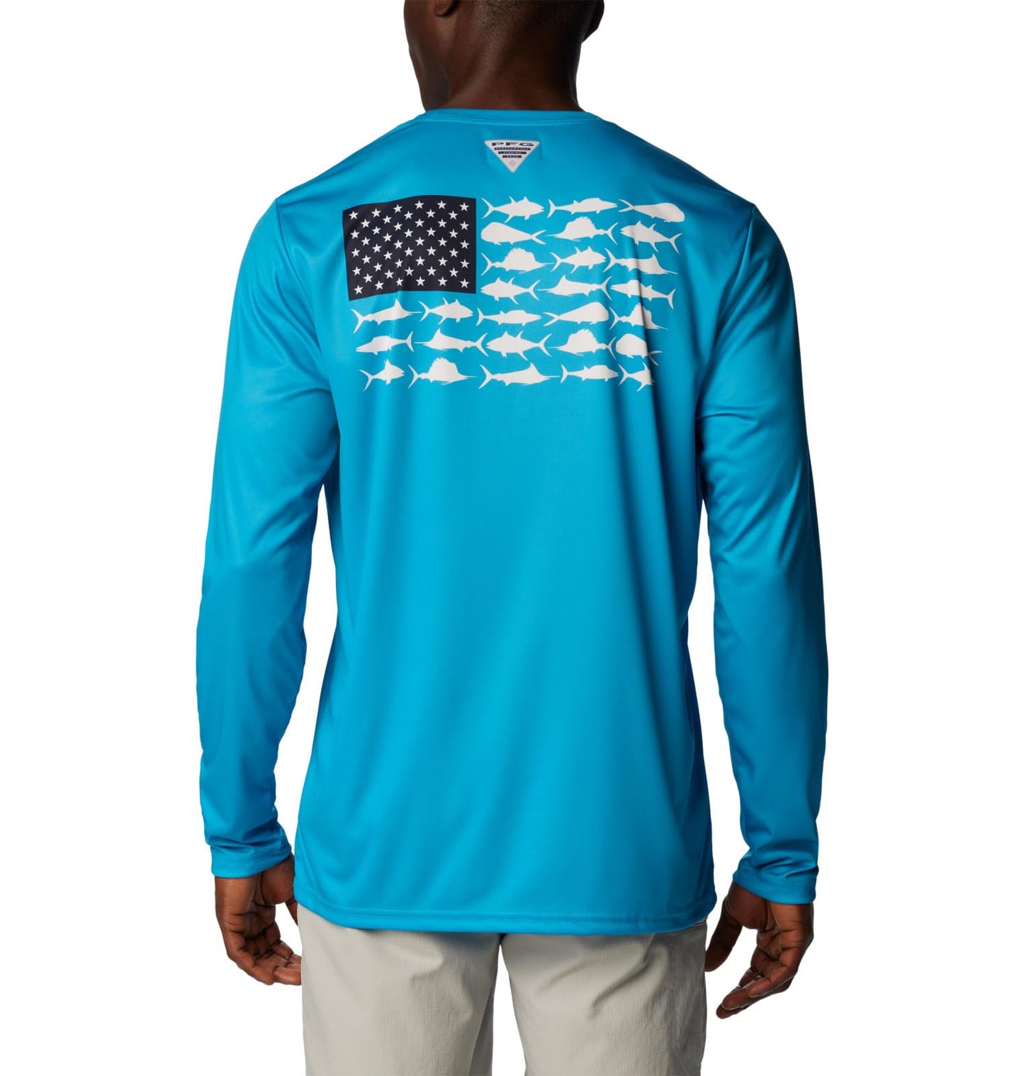 Columbia Men's Big & Tall Terminal Tackle PFG Fish Flag Long Sleeve, Ocean Blue/Coll Navy Offshore Slam, X-Large Tall