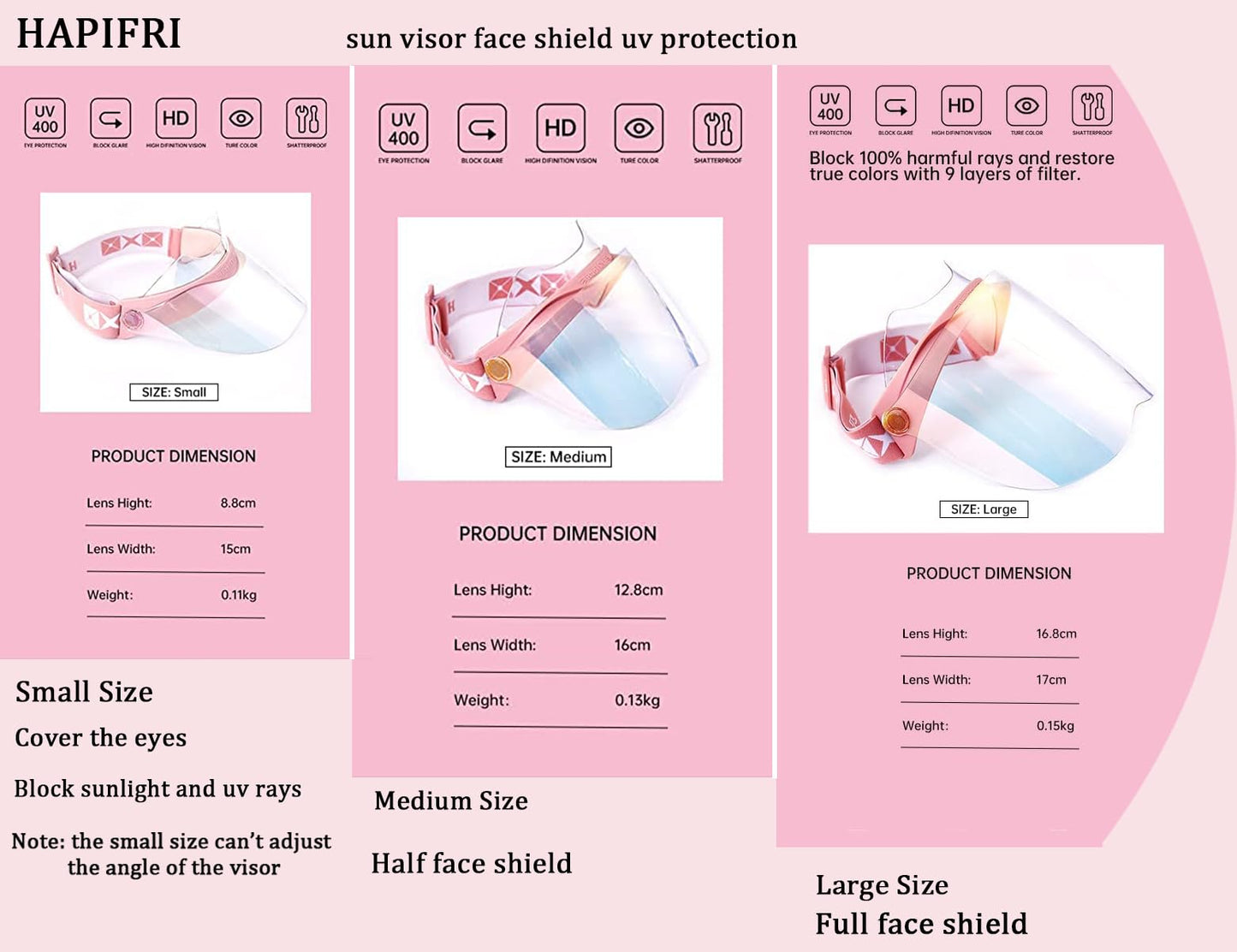 Hapifri UV Protection Face Shield, Unisex Facial Sun Visor for Men Women Outdoors Sports Driving, UPF 70+,100% UV400 Face Visor(Laboratory Test Certificate with Adjustable Headband Pink S…