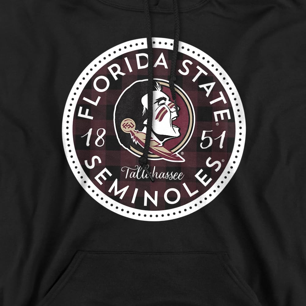 Florida State University FSU Seminoles Official Plaid Badge Unisex Adult Pull-Over Hoodie,Black, X-Large