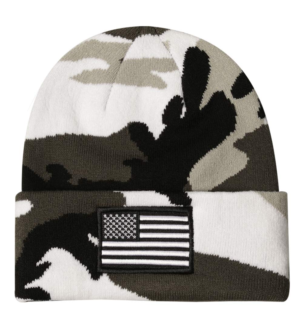 MIRMARU Men’s US American Flag Embroidered Folded Cuff Skull Beanie Cap – Comfortable Stretchy Warm and Cozy Winter Hat (City Camo)