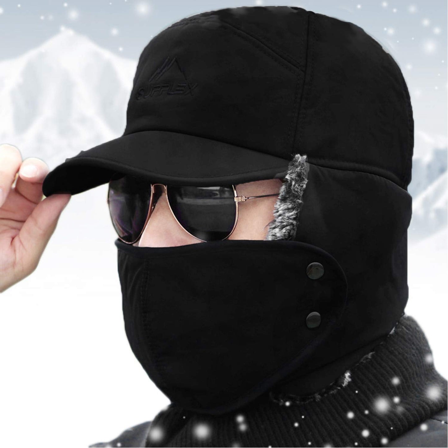 Baseball Cap Hat with Brim Outdoor Water Resistant Windproof Winter Warm Balaclava Cover Ushanka Earflap Fur Baseball Hat Holiday Travel Birthday Gift for Men Women Teen Junior Boy Girl Black