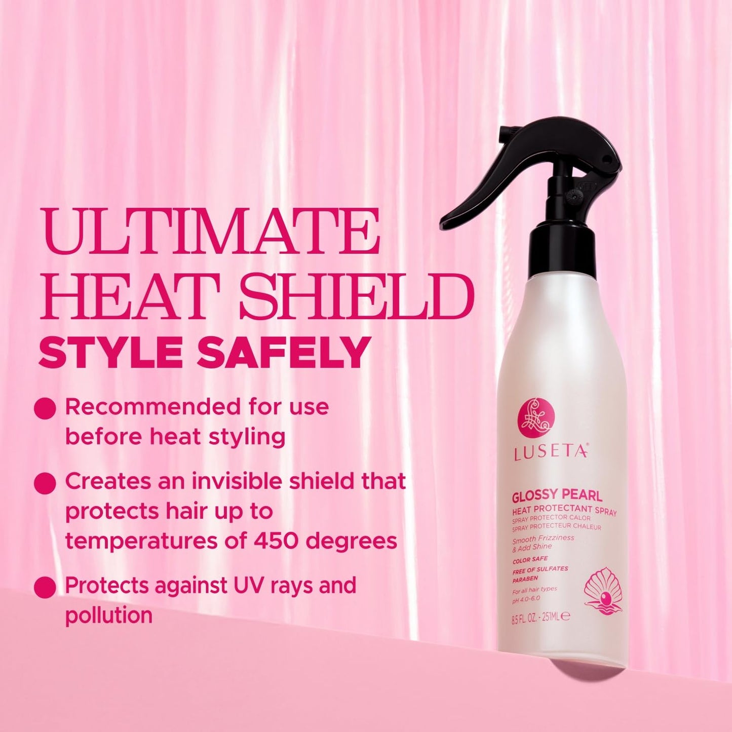 Luseta Glossy Pearl Heat Protectant Spray Smoothing Thermal Protection Treatment Enhance Shine and Add Strength for All Hair Types Protect Hair from Heat Damage 8.5oz