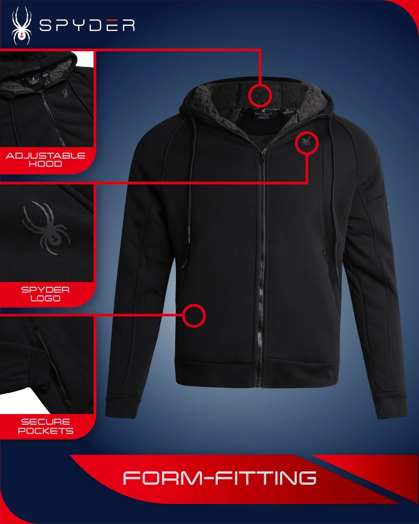 Spyder Men's Hoodie - Sherpa Lined Fleece Zip Up Jacket with ThermoWeb Insulation - Warm Outerwear Hoodies for Men (S-XXL), Size X-Large, Black