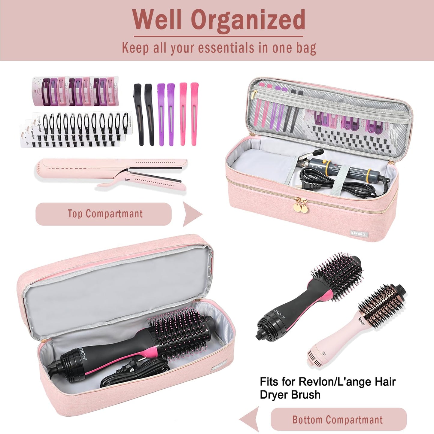 Double-Layer Travel Carrying Case Compatible with Revlon One-Step Hair Dryer Brush/Volumizer Original 1.0,Plus 2.0/Styler,Portable Storage Bag Fits for Revlon,Hot Tools and Attachments,Pink(Bag Only)