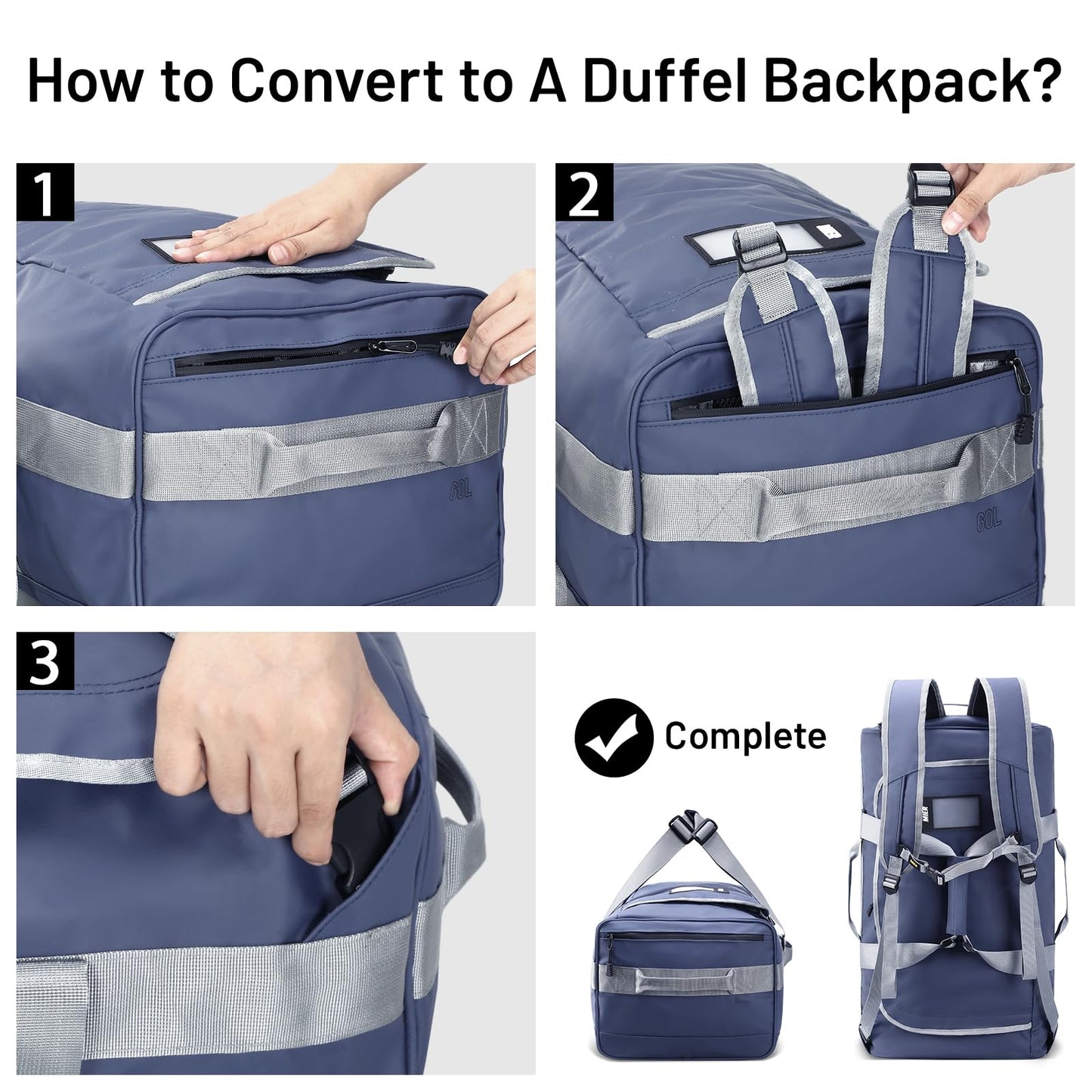 MIER 60L Large Backpack Duffle for Men Heavy Duty Duffel Bag with Backpack Straps for Travel, Gym, Sports, Convertible and Water Resistant, Haze Blue