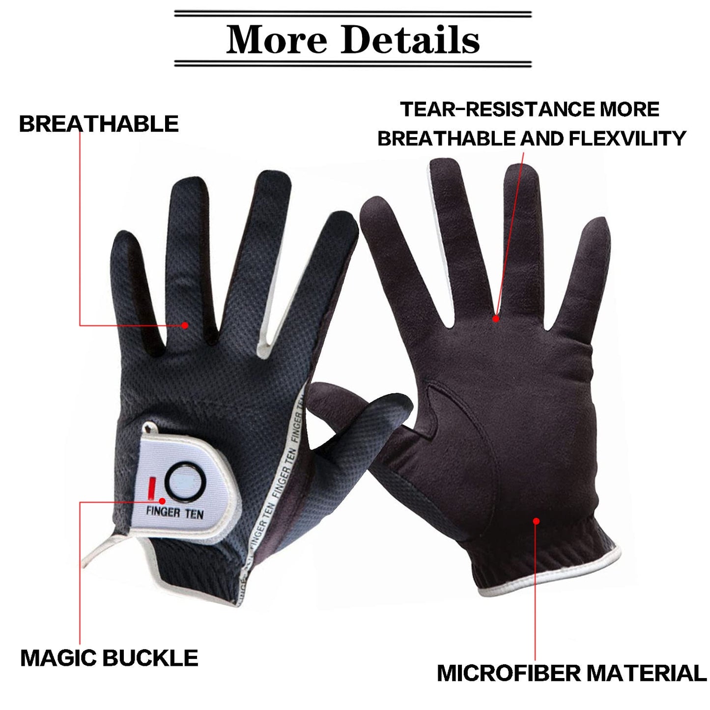 Amy Sport Mens Golf Gloves Pair Both Hands Left and Right Rain Grip Weathersof No Sweat All Weather Grips Soft Comfortable Breathable (Dark Gray, Large)