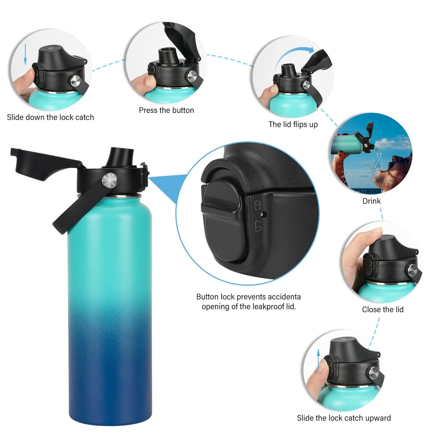 EIPOSAU Spout Lid and Straw Lid for Hydro Flask Wide Mouth 12 16 18 20 32 40 64 oz, Auto Flip Lid for Simple Modern, Fits for Iron Flask and Other Brands, Replacement Lid with Straw and Brushes, 2Pack