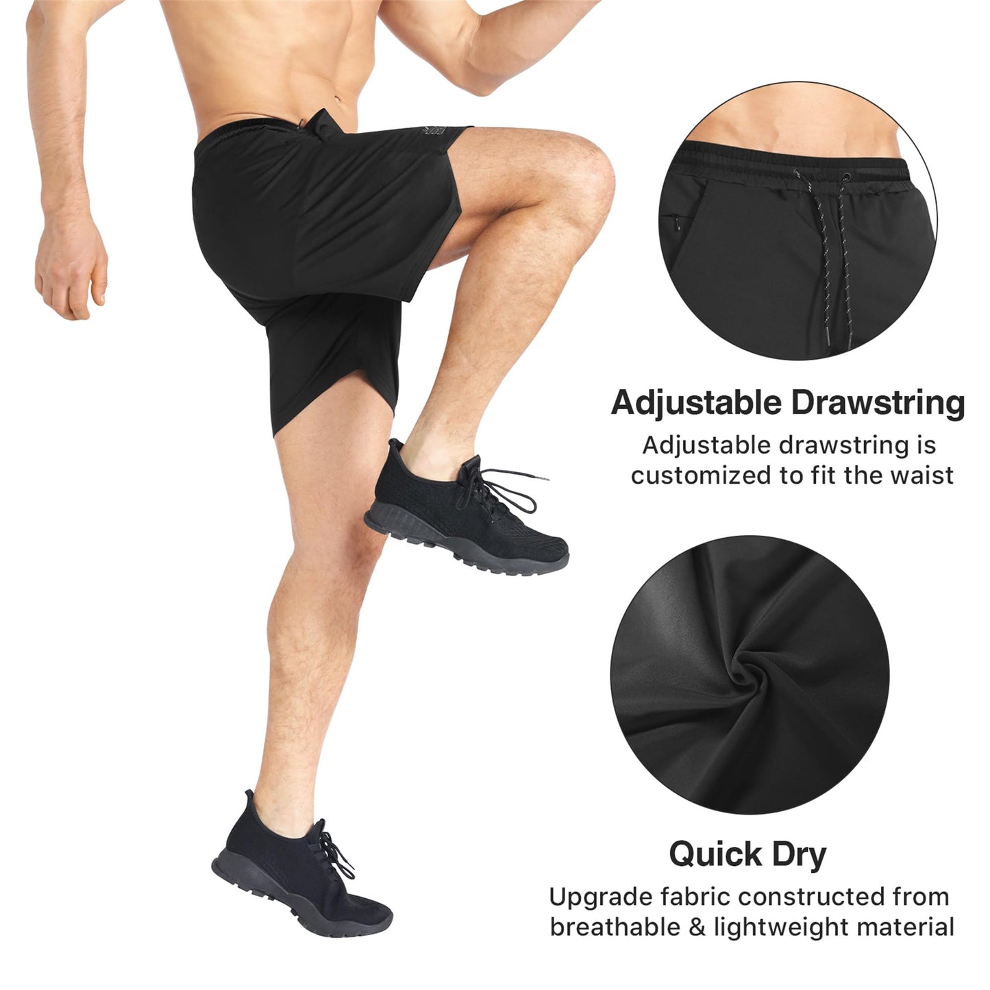 BROKIG Mens Inzip Lightweight Gym Workout Shorts, Athletic Short Shorts Fitted Lifting Shorts with Zipper Pockets(XX-Large,Black+Light Gray)