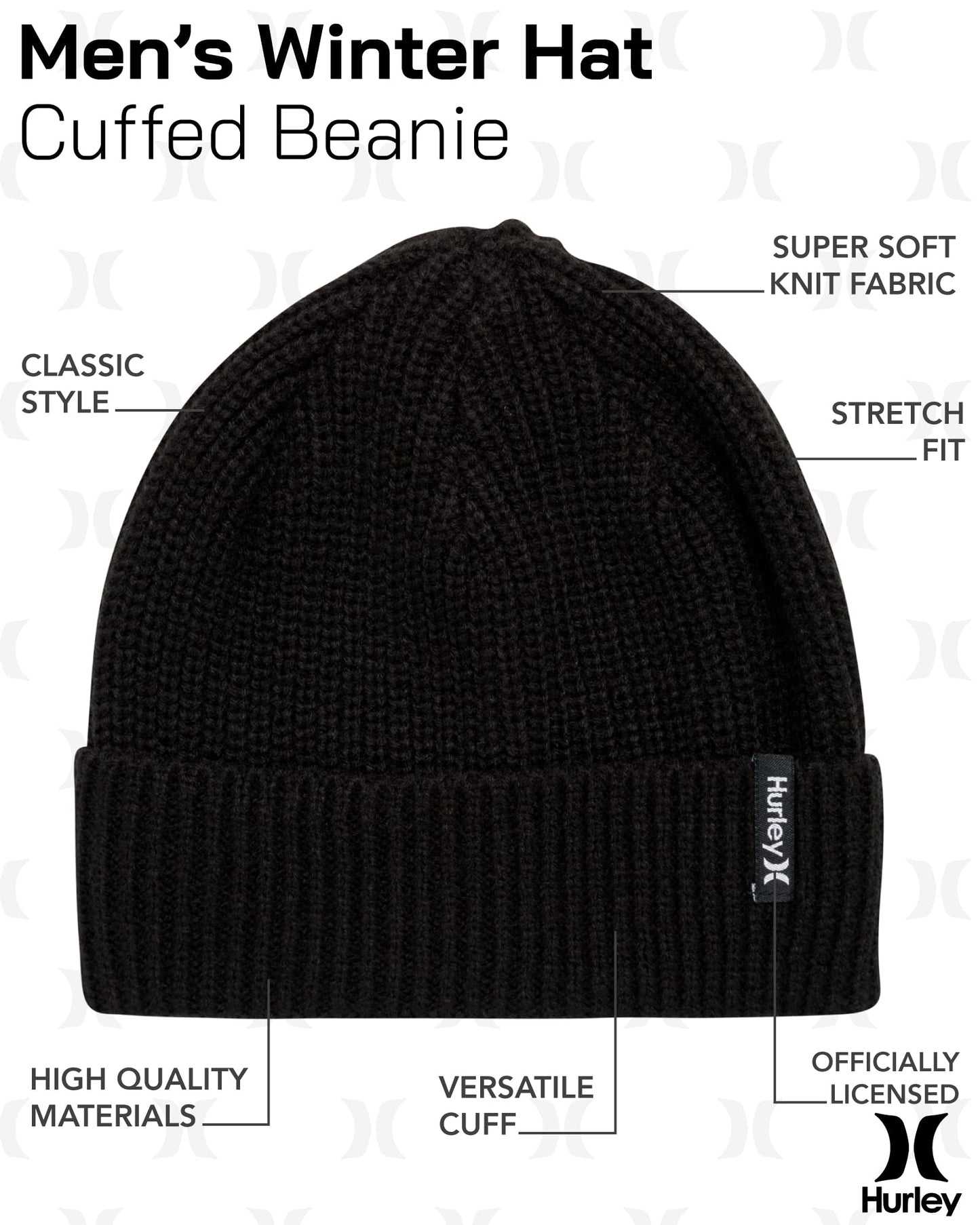 Hurley Men's Cuffed Beanie - Classic Midweight Loose Knitted Winter Hat for Men, Black