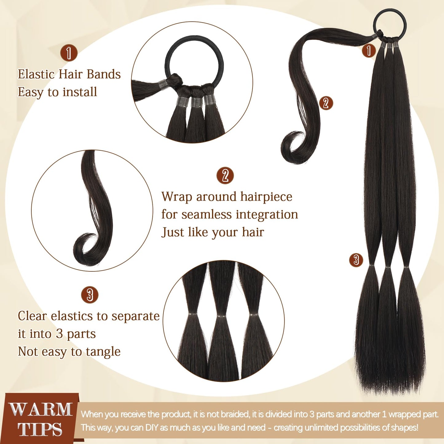 SOFEIYAN Long Braid Ponytail Extension with Hair Tie Straight Sleek Wrap Around Hair Extensions Braid Pony Tail Fluffy Natural Soft Synthetic Hairpieces for Women Daily Wear, 26 inch-Black Brown