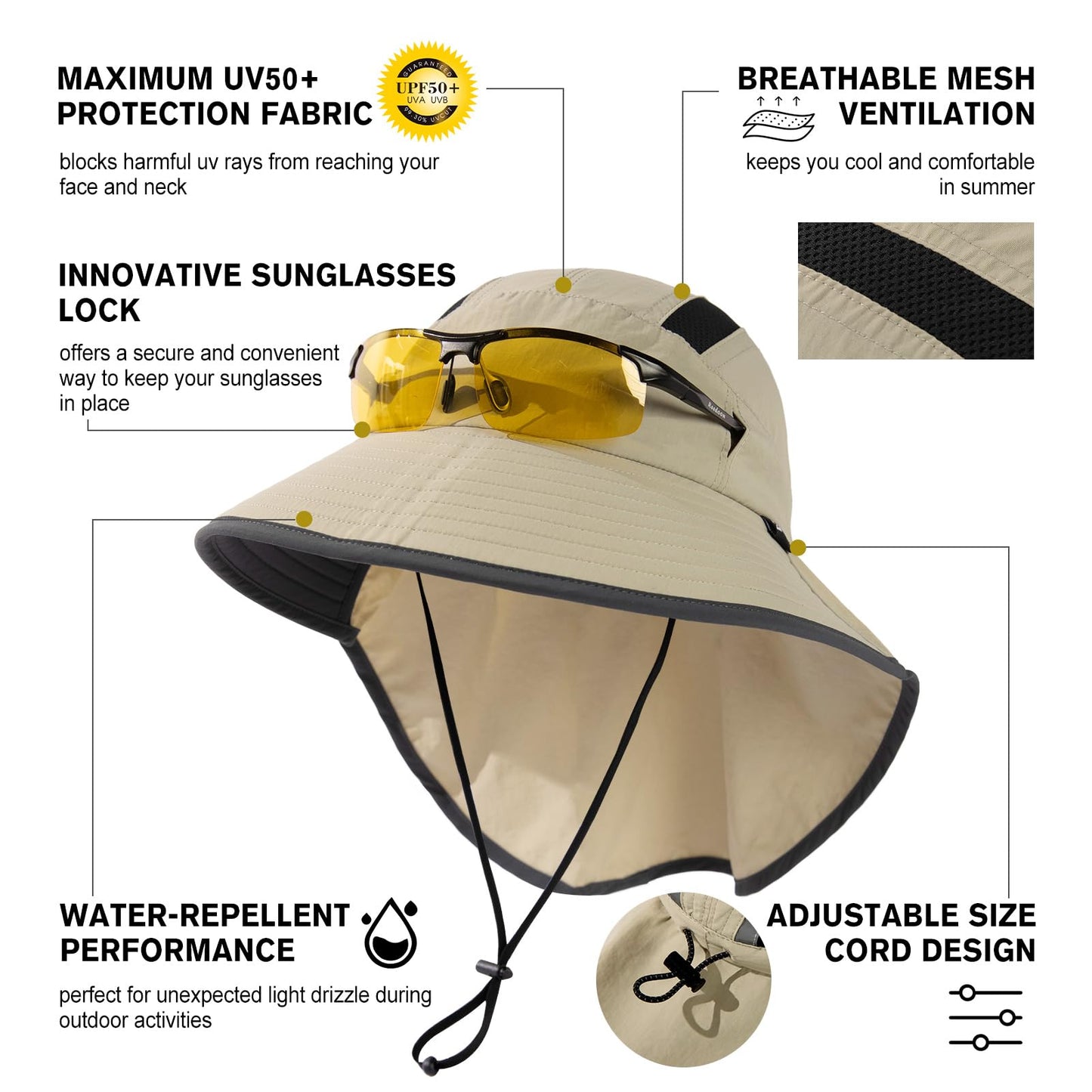 TOP-EX M/L/XL/XXL Unisex Mens Sun Hat for Women with Neck Flap Sunglass Lock UV Protection Wide Brim Fishing Hats Waterproof & Packable Beige L/XL