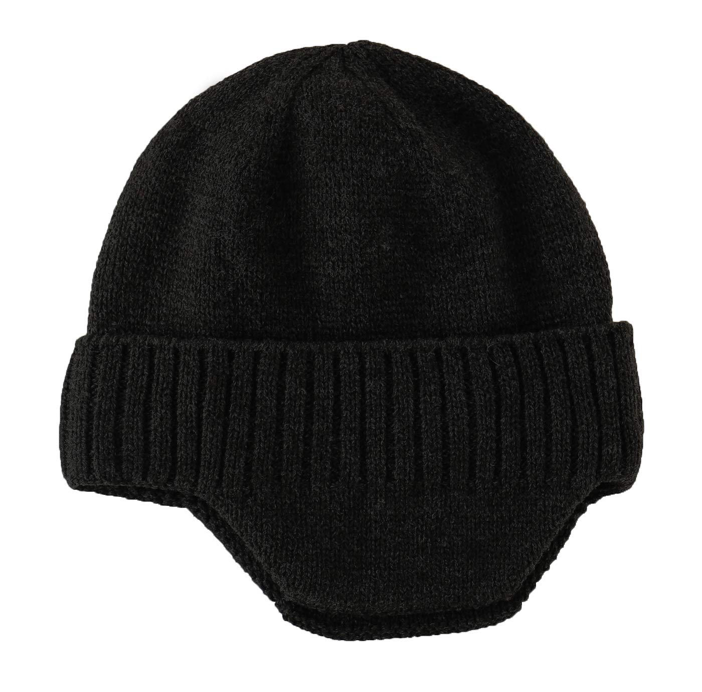 Home Prefer Mens Winter Knit Earflap Hat Velvet Lining Cuffed Beanie Cap with Ear Flaps Black