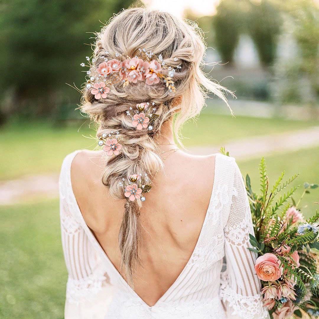 5 Pieces Bridal Flower Wedding Hair Pins Crystal Pearl Hair Combs Clips Headpiece Gold Wedding Hair Accessories Jewelry with Rhinestone for Brides Bridesmaids Women Girls Updo (Cherry Blossoms Pink)