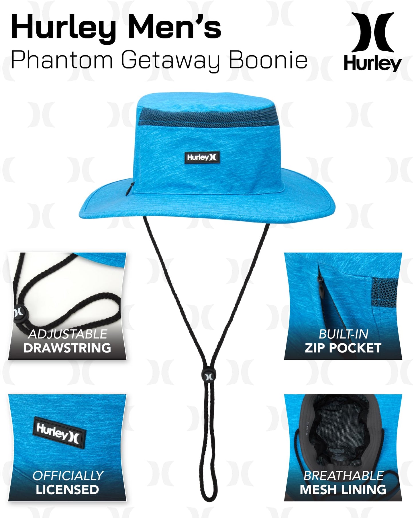 Hurley Mens' Hats - UPF 50+ Phantom Getaway Boonie Sun Hat with Chin Strap Cord, Size Small/Medium, Blue Void