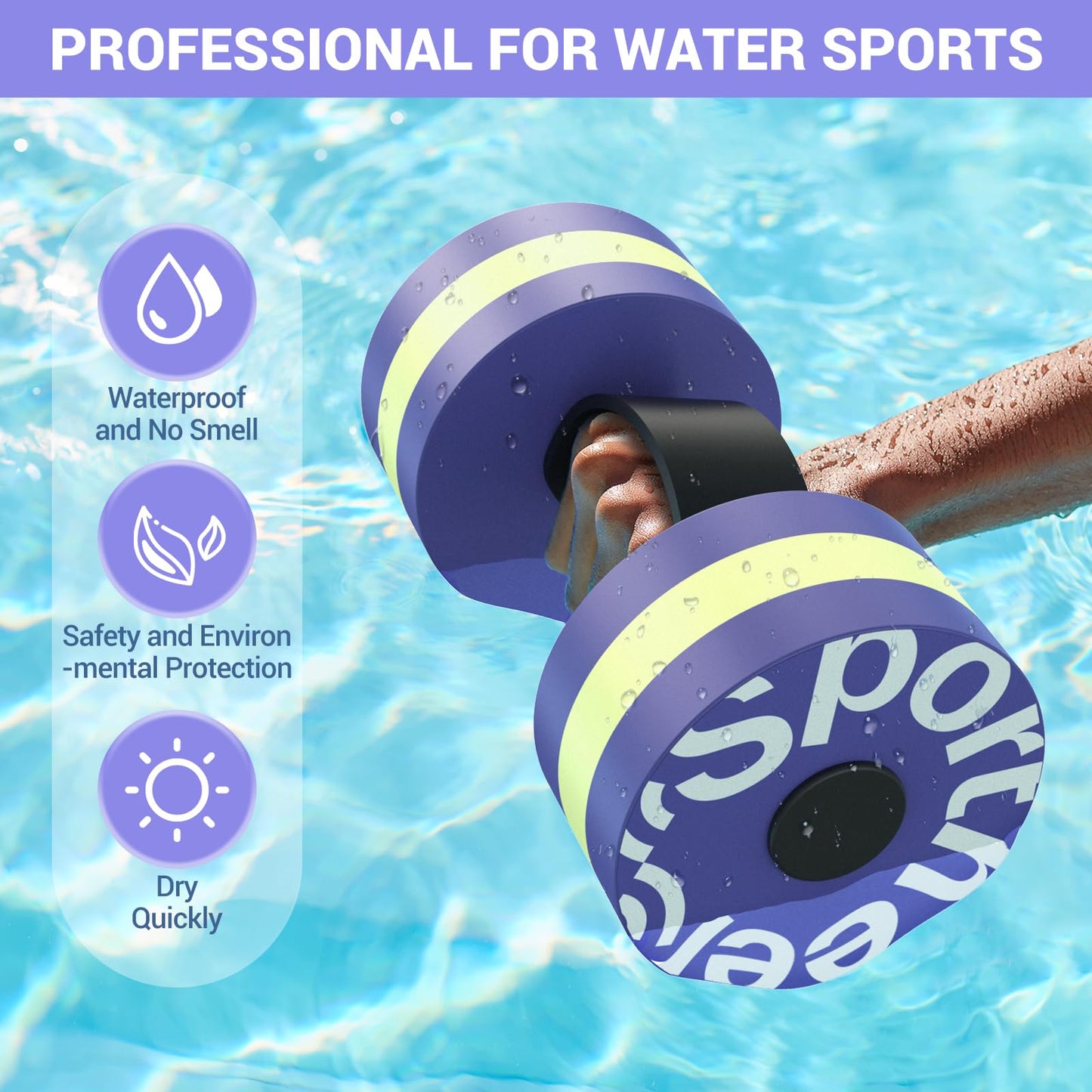 Water Weights Aquatic Exercise Equipment: Sportneer Lightweight Aqua Dumbbell 1 Pair EVA Foam Pool Weights for Water Fitness Equipment With Easy Handle Strip for Water Aerobics Weight Loss
