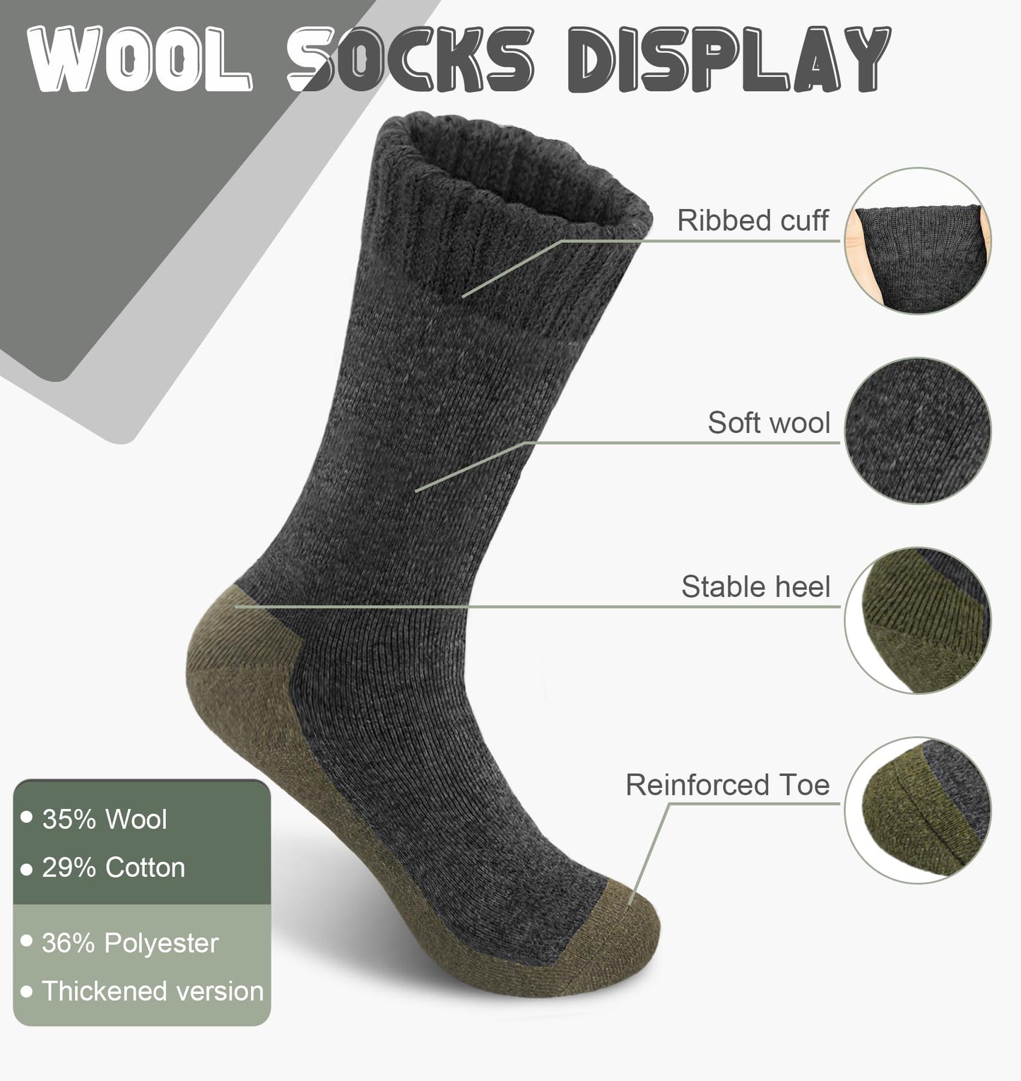 YSense Merino Wool Socks Mens Hiking Thermal Socks Winter Warm Socks Cozy Crew Thick Cushion Socks 5 Pairs