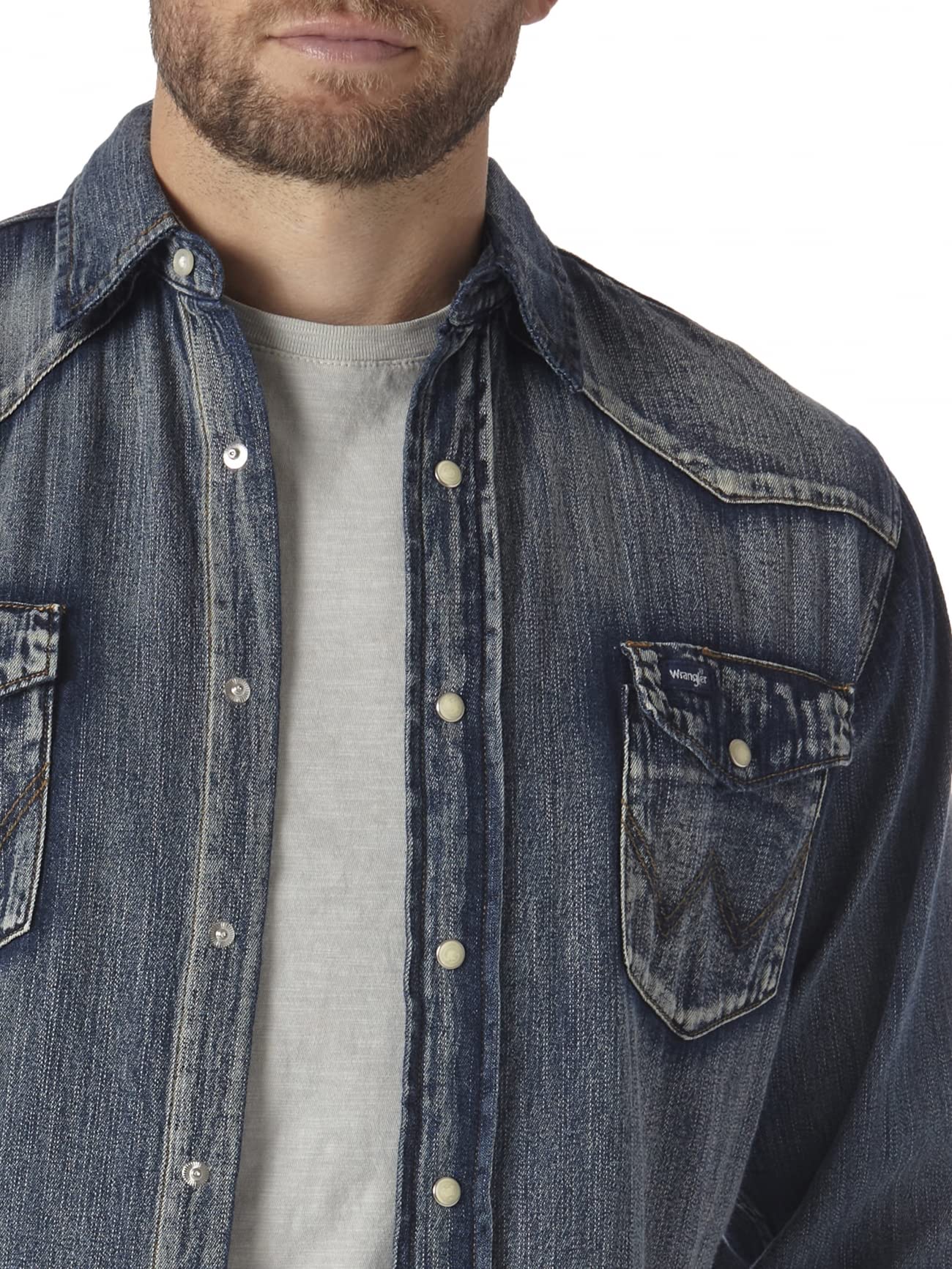 Wrangler Men's Western Work Shirt Washed Finish, Antique Blue, Medium