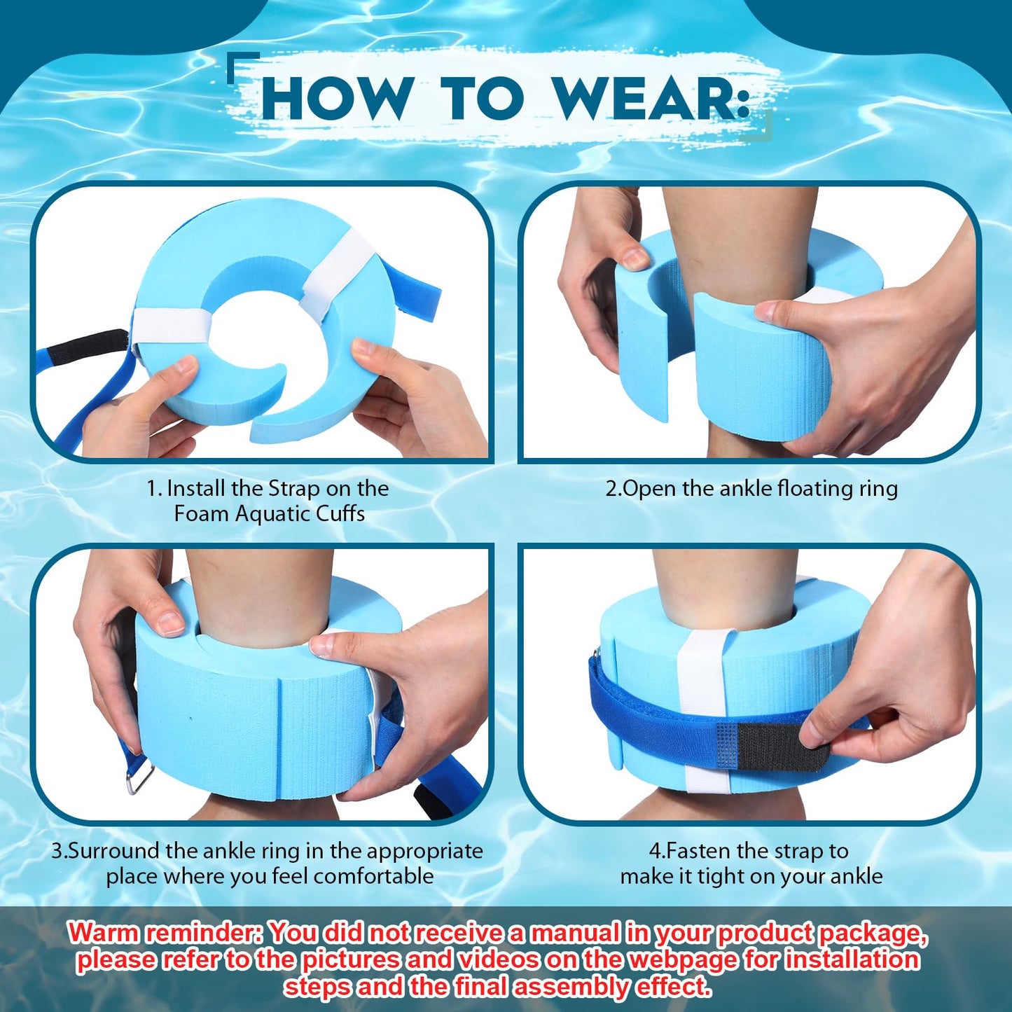 RoundFunny 2 Pcs Foam Swim Aquatic Cuffs Equipment Water Aerobics Float Ring with Detachable Hook and Loop Fastener Fitness Workout Set for Swimming Fitness Training Pool Exercise (Blue)