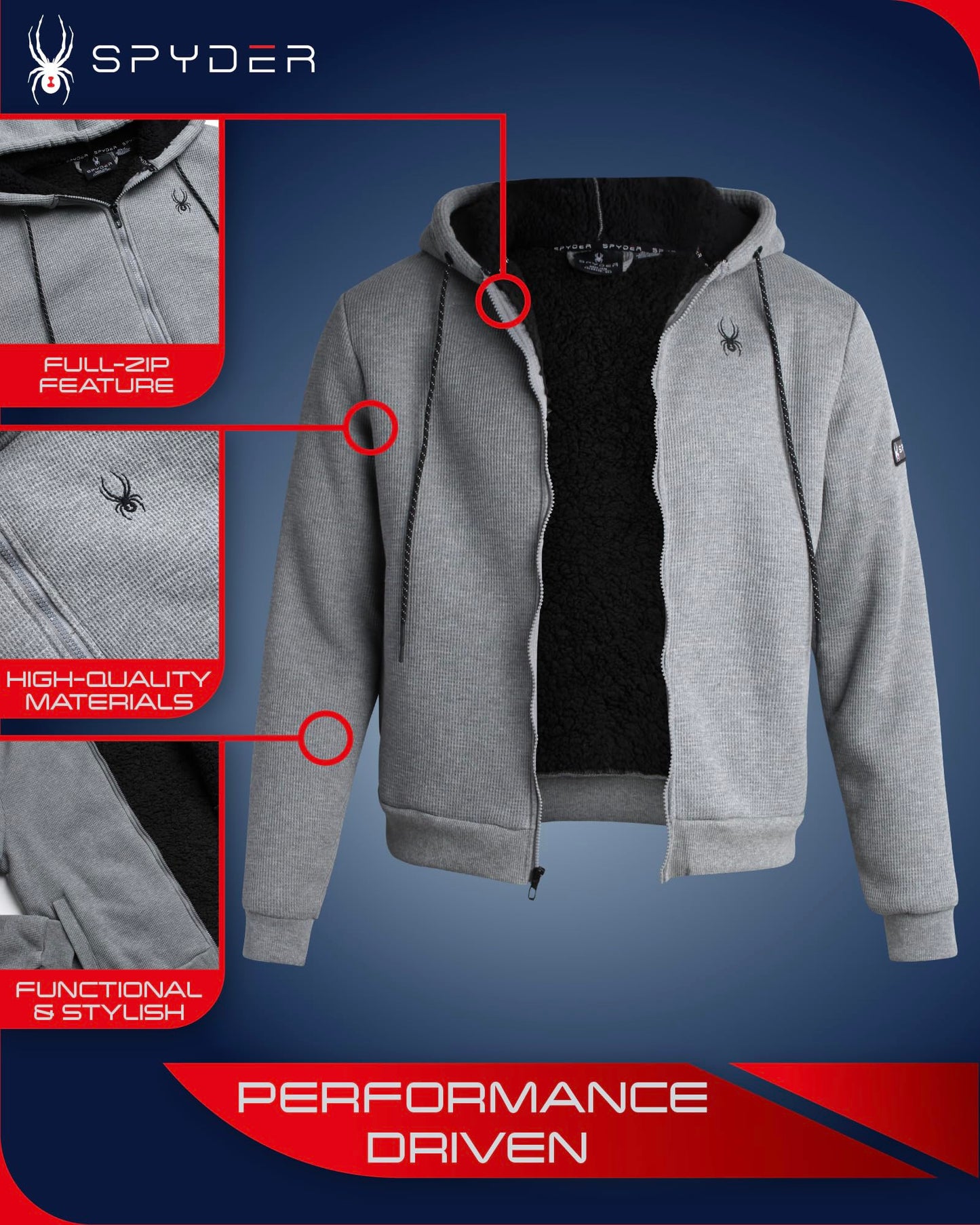 Spyder Men's Hoodie - Full Zip Up Cozy Sherpa Lined Waffle Knit Hoodie - Lightweight Comfort Hoodie Jackets for Men (S-XXL), Size XX-Large, Grey Heather