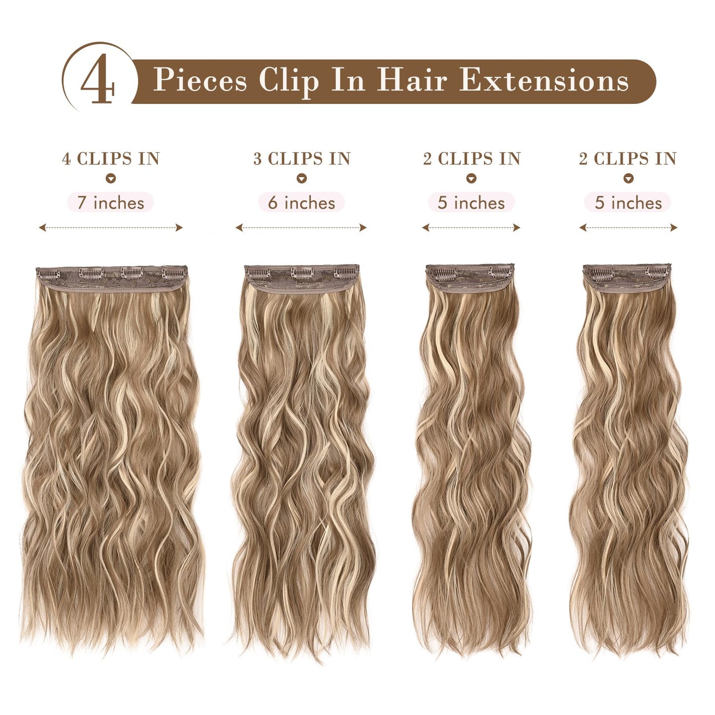 REECHO Hair Extensions, 4PCS Clip in Hair Extensions HE001 Natural Soft Synthetic Hairpieces for Women (20 Inch-200 Gram (Pack of 4), Dark Blonde with Light Blonde Highlights)