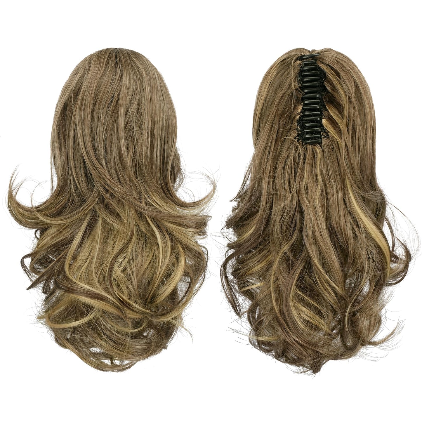 SOFEIYAN 13" Ponytail Extension Long Curly Ponytail Clip in Claw Hair Extension Natural Synthetic Hairpiece for Women, Blonde & Brown