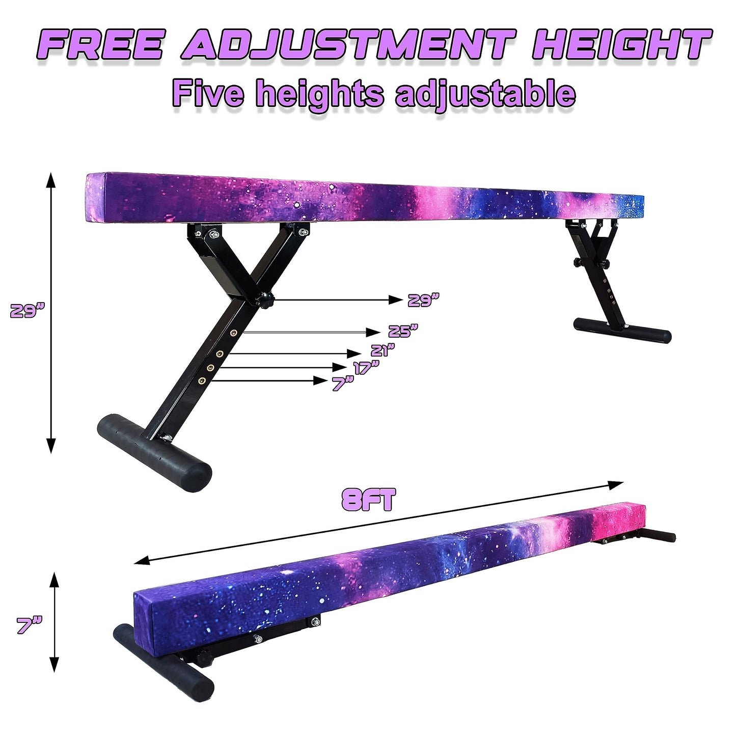 Seliyoo Adjustable Balance Beam Gymnastics Beam high and Low Floor Beam for Kids Home Training,Competition Gymnastic Equipment for All Skills with Weight Limit 500 LBS (Sparking Stars, 7"-29")