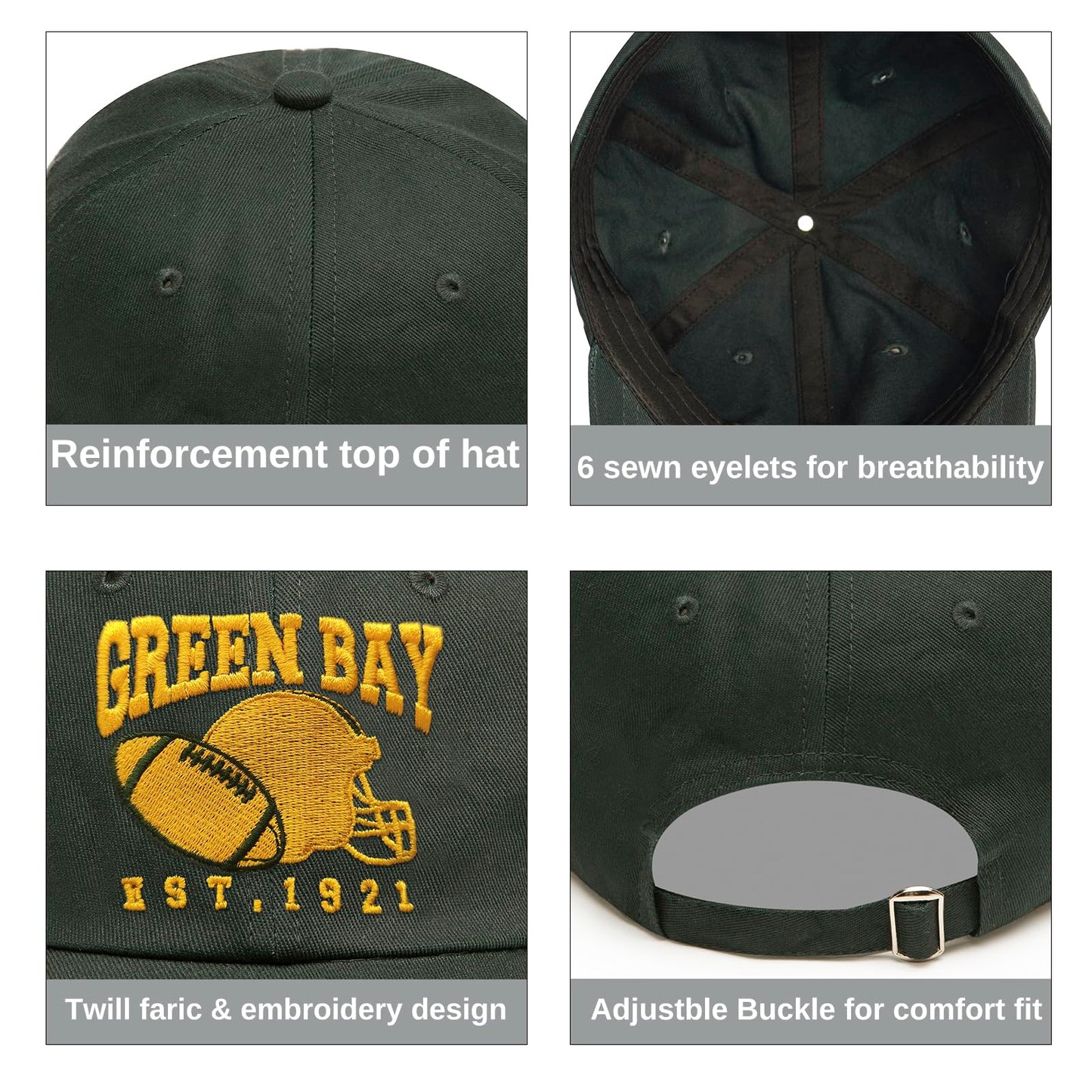 3D Embroidered Green Bay Hat for Men Women, Unisex Adjustable Baseball Cap Trucker Hats for American Football Fans Gifts
