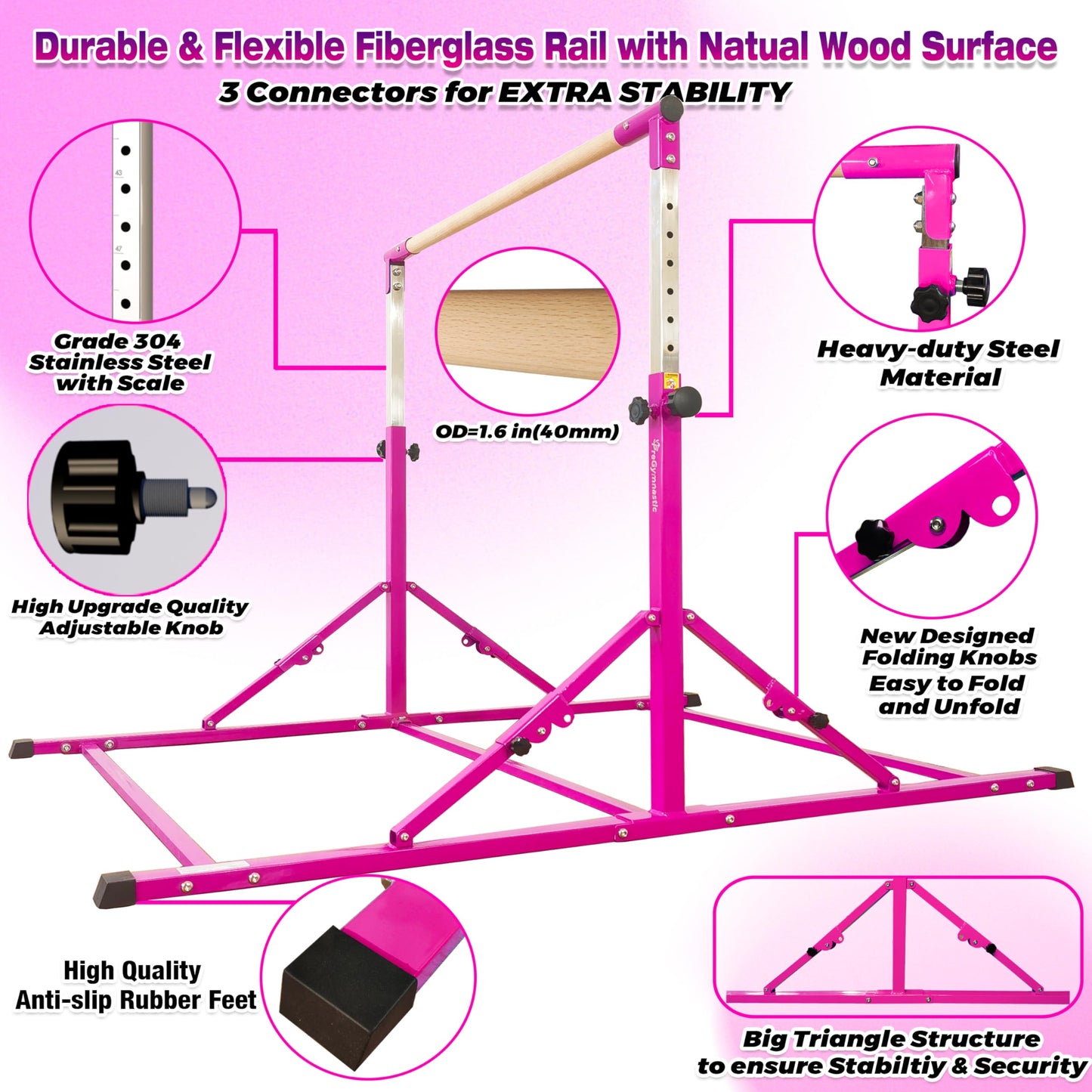 PreGymnastic Foldable Gymnastics Bar, 6FT Gymnastic Horizontal Bars, Folding Training Bar for Kids and Teenagers 3-18, Weight Limit 500 LB, Adjustable kip Bar,Children Home Gym Equipment Indoor