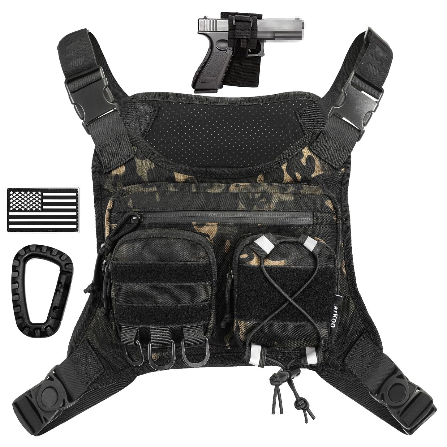 LarKoo Sports Chest Bag for Men & Women EDC Pouch Bag Chest Vest Holster Fits Most Pistols, Adjustable IFAK Travel Chest Pack for Running, Hiking, Workouts… (ACU Black)