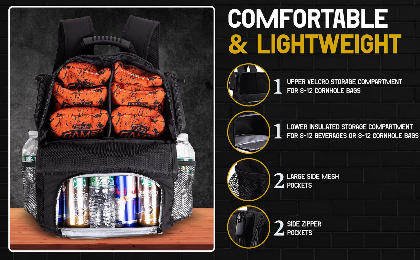 Cornhole Cooler Backpack, Holds up to 2 Sets (8 Bags), Bottle Opener, Cooler Holds up to 12 cans, Extra Compartments for Phone, Storage