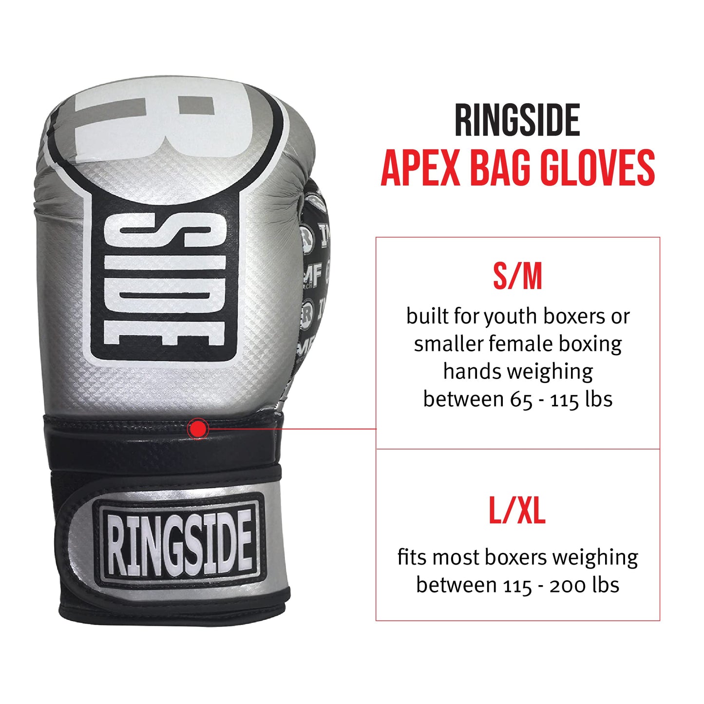 Ringside Unisex Adult FTG1 SV/BK L/XL Apex Bag Gloves, Silver/Black, Large-X-Large US