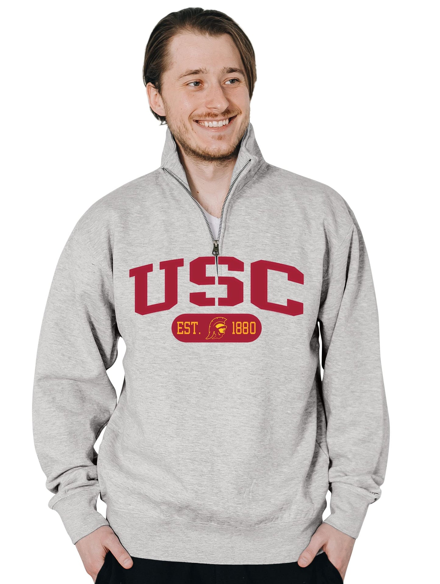 Blue 84 Men's USC Trojans Quarter Zip Sweatshirt Twill Applique Grey, Grey, Small