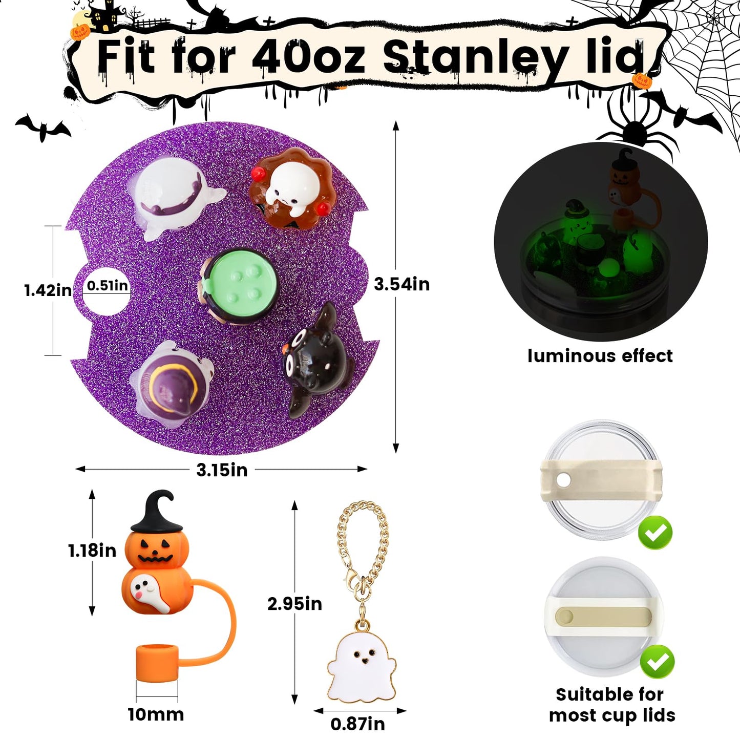 Accessories Compatible with Stanley Cup Lid, Fit for 40 oz Stanley Lid Charms Decor, Silicone Straw Topper Cover Cap, Cute Charms for Stanley 30&40 Oz Tumbler with Handle (Halloween)