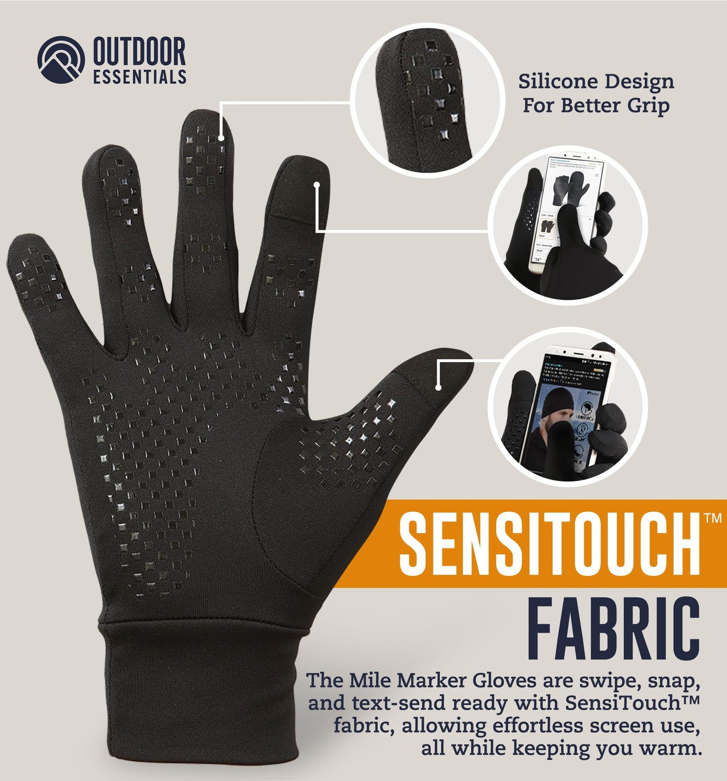 OutdoorEssentials Running Gloves - Touchscreen Men's Winter Gloves - Ski Glove Liners - Black Gloves Cold Weather - Hiking Driving Warm Gloves