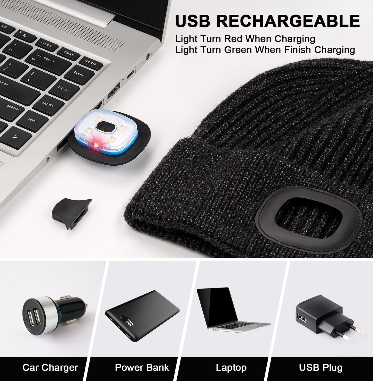 Wmcaps Unisex Hat with Light, USB Rechargeable LED Beanie, Winter Warm Knitted Headlamp Hat Gifts for Men Him Dad Husband