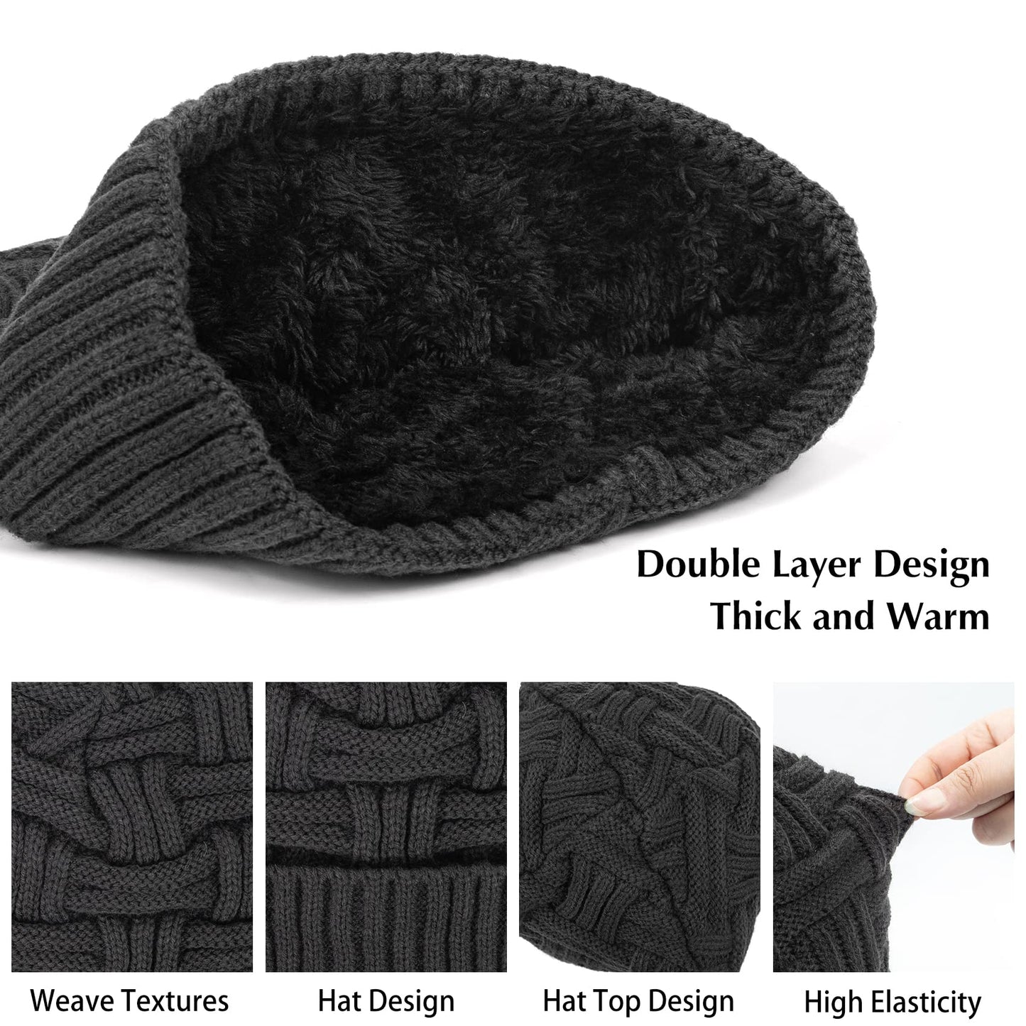 Loritta Winter Hat Warm Knitted Thick Baggy Slouchy Beanie Skull Cap for Men, C- Black+Gray with Weave, 2 Pack