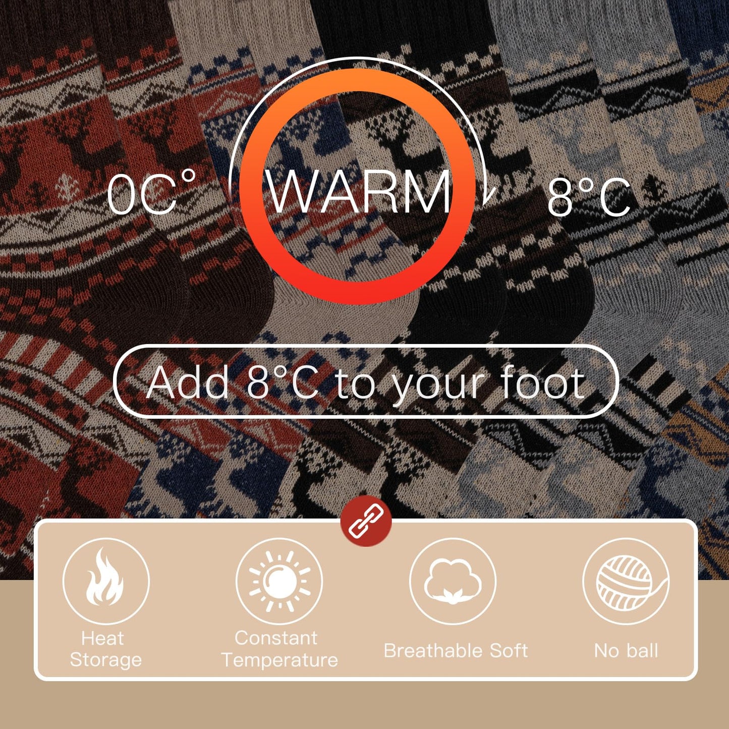 COOVAN Wool Socks Mens Warm Winter Wool Thermal Thick Pattern Cold Weather Socks for Men Cozy Crew Socks