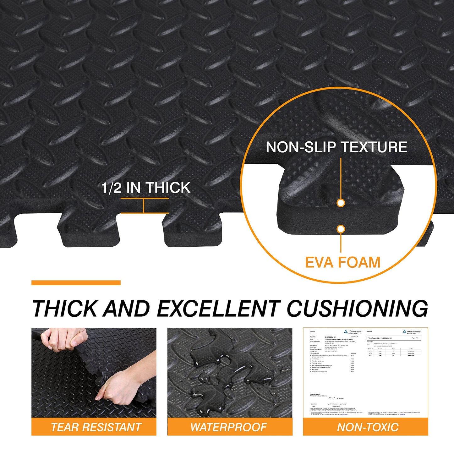 Mat Block APM36001BK Torin Interlocking Foam Exercise Floor Mats: 144 SQ FT, 1/2 inch, 36 Tiles, EVA Gym Mat Flooring, Exercise Equipment Mat for Home Gym Equipment, Black