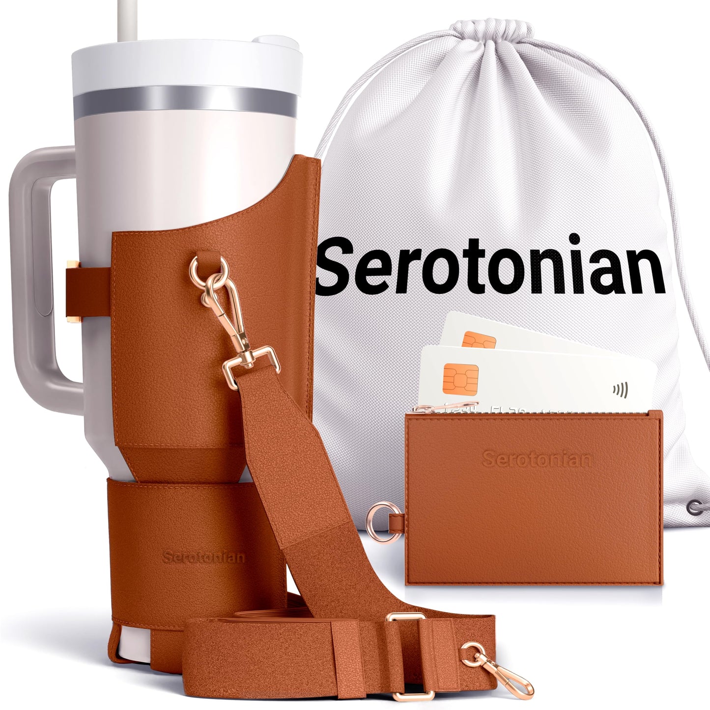 Premium Water Bottle Carrier Bag for Stanley 40oz & Simple Modern 40oz - PU Leather Water Bottle Holder with Adjustable Strap - Includes Card Holder & Keyring for Stanley Cup Accessories (Brown)