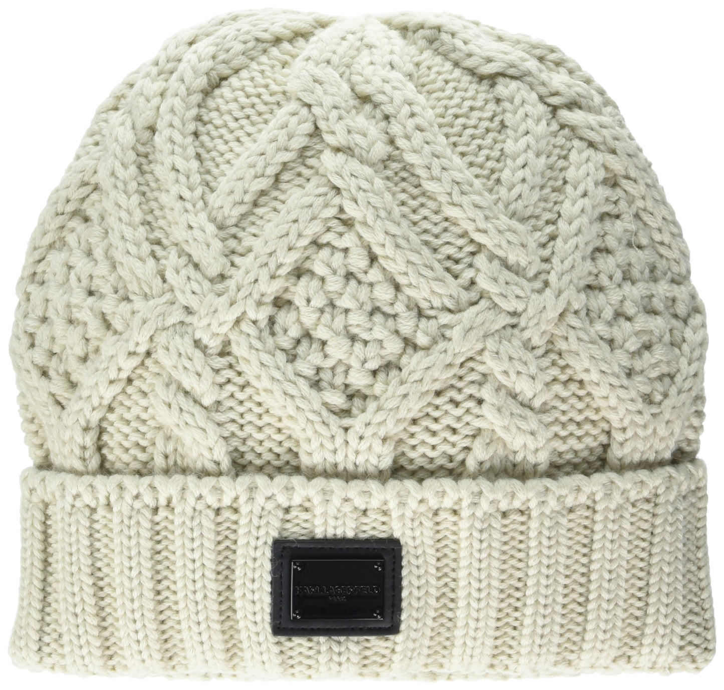 Karl Lagerfeld Paris Men's Iconic Logo on a Gunmetal Plate Beanie, Oatmeal
