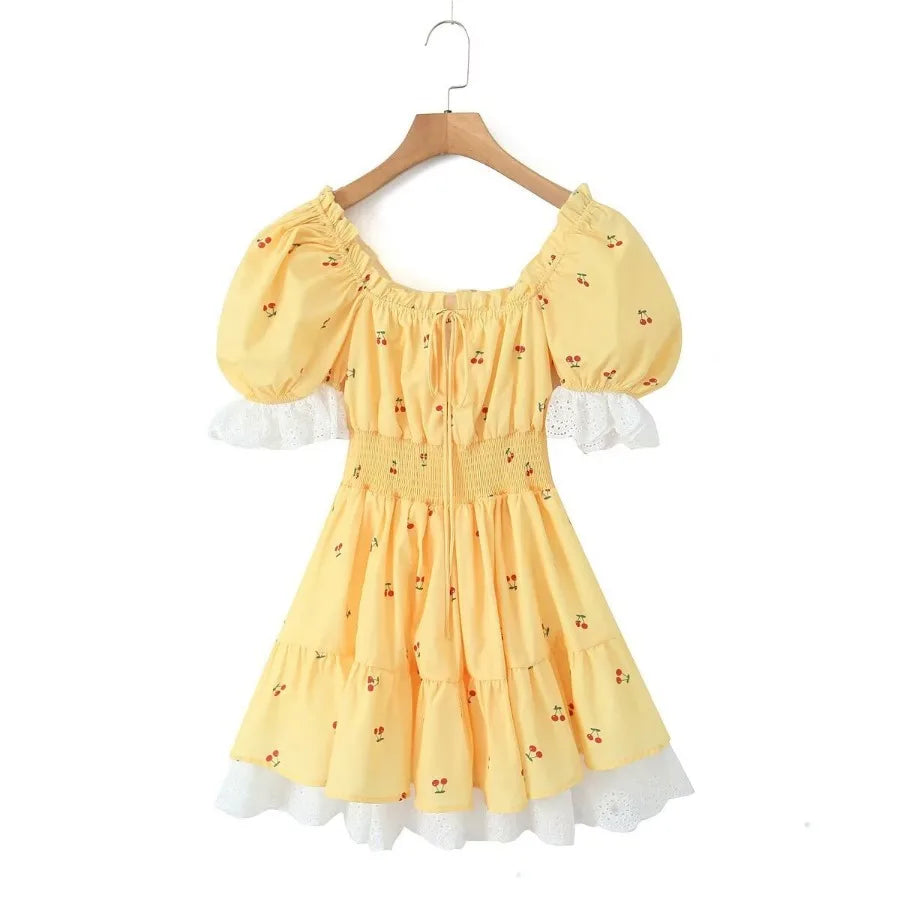 Vintage Puff Sleeve Mini Lace Dress Women Floral Printed Off Shoulder Ruffles Summer Dresses Party Elegant Square Neck Vestidos
