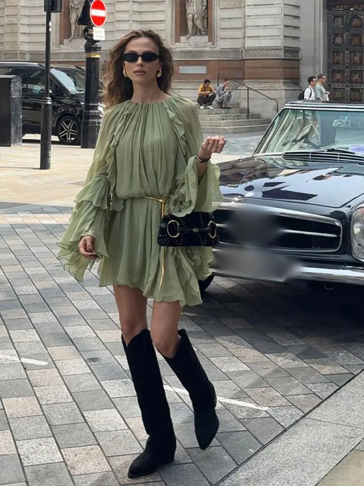Elegant Green Ruffles Mini Dress For Women Fashion Long Flare Sleeves Round Neck Casual Short Vestidos 2025 Summer Holiday Robes
