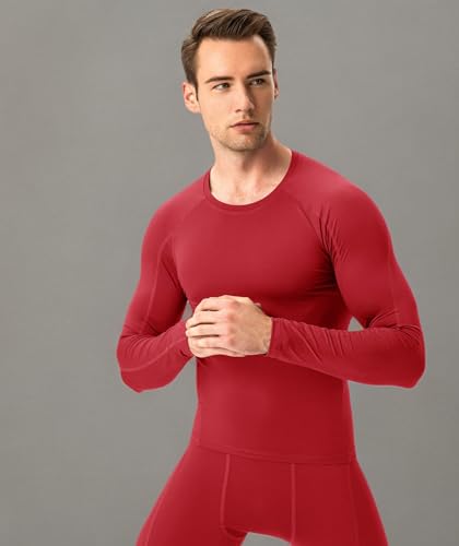 Red Men's Compression Shirts Long Sleeve, Dry Fit Athletic Workout Gym Shirts Sports Base Layer Top Running T-Shirt