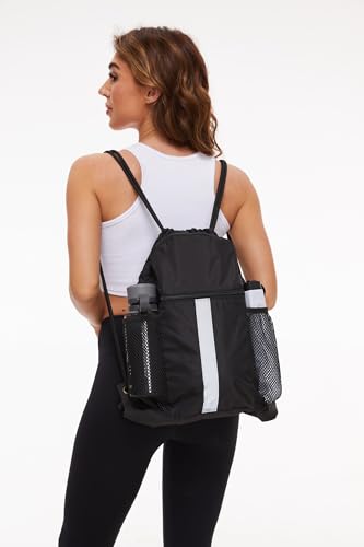 BeeGreen Orange Drawstring Backpack Bag with Shoe Compartment X-Large Black Gym Sports String Cinch Backpack Athletic Sackpack with Front Inside Zipper Pockets