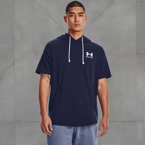 Under Armour Mens Rival Terry Short-Sleeve Hoodie, (410) Midnight Navy / / Onyx White, X-Small