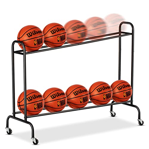 EXTCCT Tilt Basketball Rack Ball Storage Holder - Tilt Basketball Shooting Training Rack, Garage Sports Equipment Organizer, Outdoor and Indoor Rolling Balls Cart with Wheels