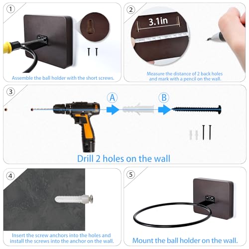 KAQUBE Basketball Holder Wall Mount, Ball Holder Sports Ball Storage Rack Football Volleyball Basketball Display Art Shelf for Men Boys Wall Room Décor w/Strong Structure, 1 Pack